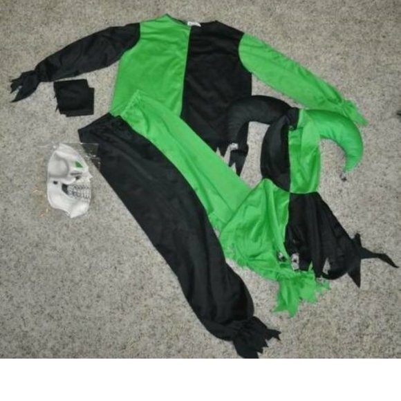 Jester Clown Halloween Costume 8/10 Green Evil 5 Pc Top Pants Hood Mask Boys - Picture 2 of 6